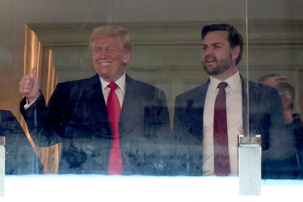 donald-trump-jd-vance-2024-12-14 Donald Trump and JD Vance stand and smile