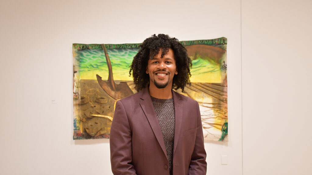 kenyatta_temple Dr. Matthew Jordan-Miller Kenyatta (Dr. Matt) in the Edgar Heap of Birds Family Gallery, the main exhibitions space for Temple Contemporary. (Ryan Mercado/WHYY)