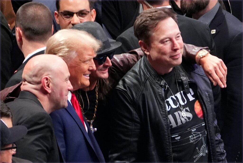 musk-trump-white-rock-2024-11-16 President-elect Donald Trump poses for a photo with Dana White, Kid Rock and Elon Mus