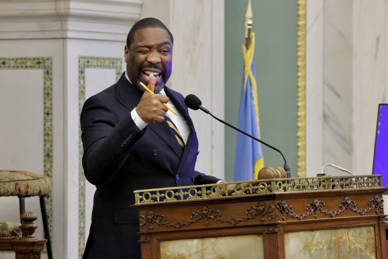 Philadelphia City Council President Kenyatta Johnson gives a thumbs up at the close of council’s last session of 2024, during which bills allowing for the construction of a Sixers arena on Market Street were approved