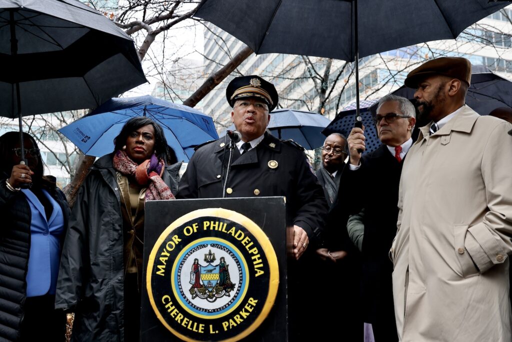 philadelphia-kevin-bethel-cherelle=parker-gun-violence-EL-121624 Philadelphia Police Commissioner Kevin Bethel (center) joins Mayor Cherelle Parker in Dilworth Park outside City Hall to address a weekend of violence that ended with four people dead