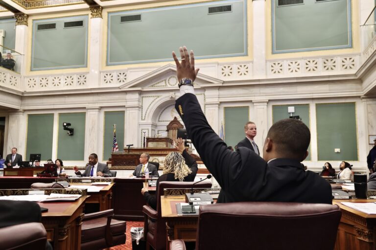 Four members of City Council — Nicolas O'Rourke, Jamie Gautier, Jeffrey Young, and Rue Landau — vote against the arena proposal.