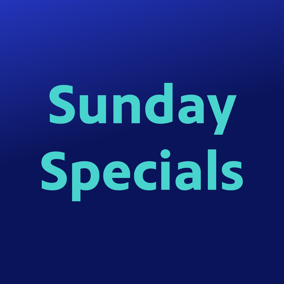 sunday-specials A graphic with a dark blue background and teal text that says
