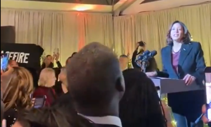 Kamala Harris speaking at a podium while Wilson-Anton is being escorted out of the room.
