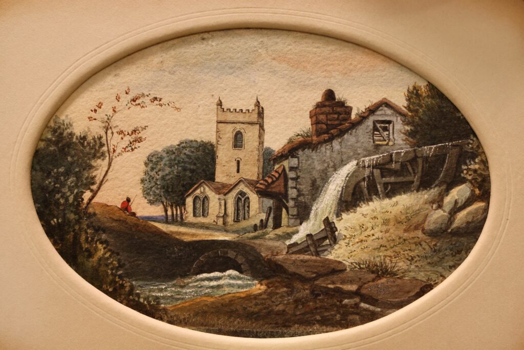 2024 01 02-e lee-philadelphia historical society of pennsylvania-william h dorsey painting donated a watercolor depicts a person fishing, a waterfall and two buildngs