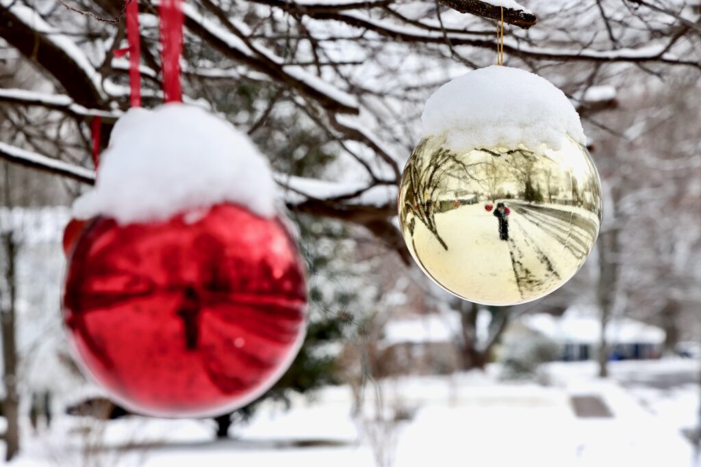 Christmas ornaments hanging on a tree outdoors, covered in snow