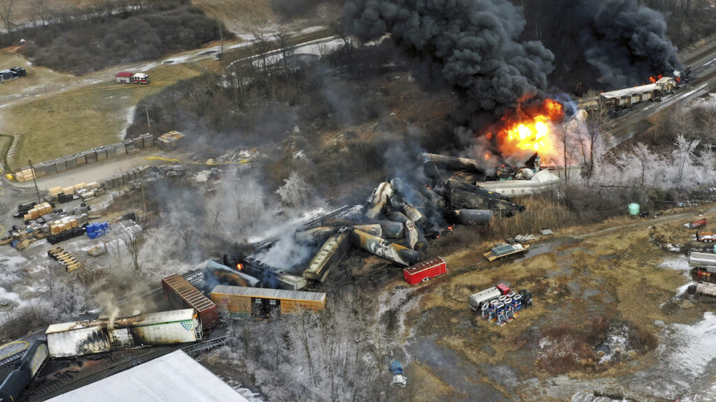Train Derailment Ohio Railroad Safety This photo taken with a drone shows portions of a Norfolk Southern freight train that derailed Feb. 3, in East Palestine, Ohio, are still on fire on Feb. 4, 2023.(AP Photo/Gene J. Puskar, File)