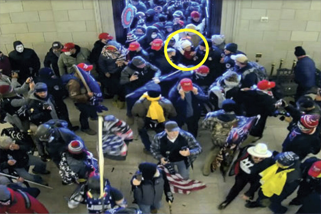 Trump Inauguration Capitol Riot This image from video from the Justice Department in the statement of facts supporting an arrest warrant, and annotated by the source, shows Rebecca Lavrenz, circled in yellow, entering the U.S. Capitol on Jan. 6, 2021, in Washington. (Justice Department via AP)