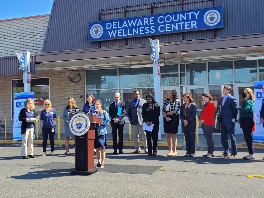 delco-health-2025-01-27-1 officials hold a press conference in front of the Delaware County Wellness Center