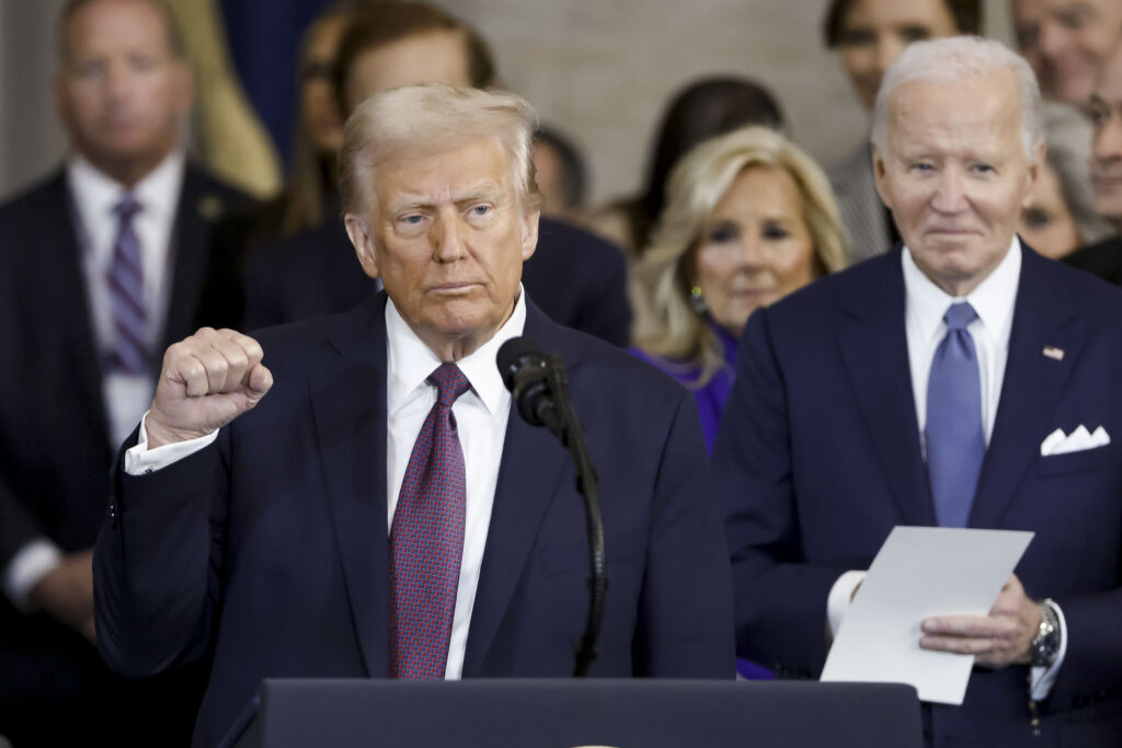 Trump Inauguration President Donald Trump wraps up his speech during the 60th Presidential Inauguration in the Rotunda of the U.S. Capitol in Washington, Monday, Jan. 20, 2025, as former President Joe Biden looks on.