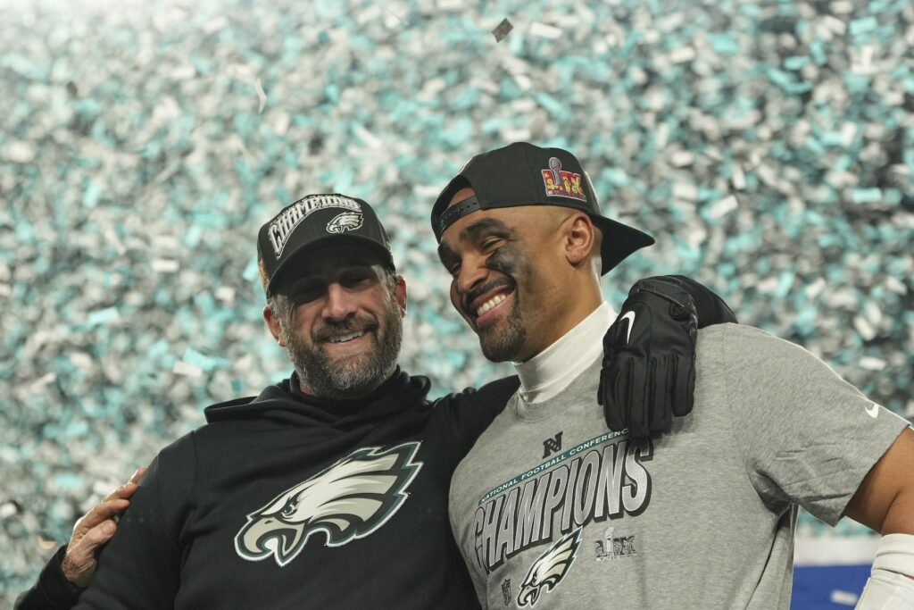 Commanders Eagles Football Eagles coach Nick Sirianni with quarterback Jalen Hurts