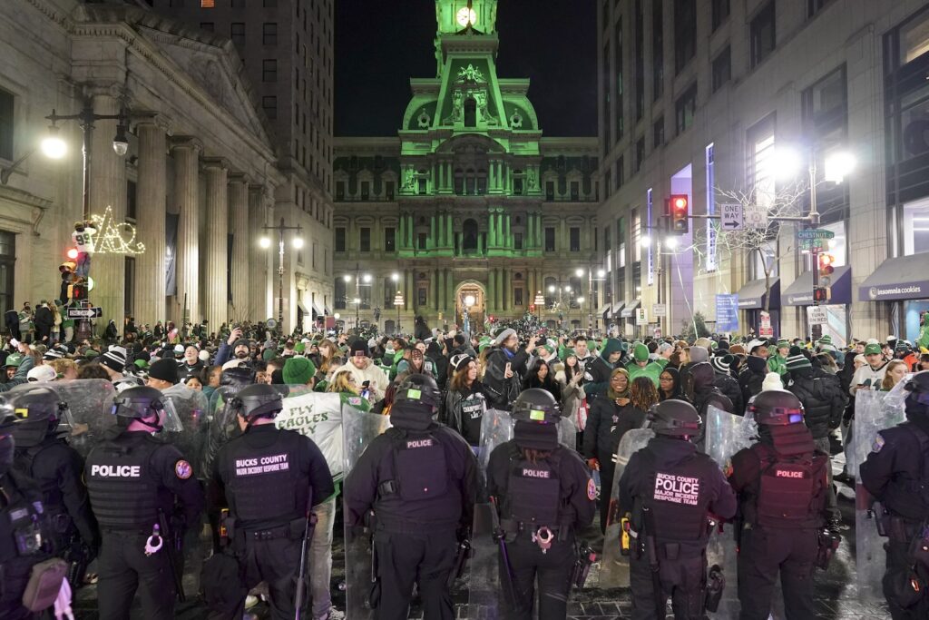 Philadelphia Eagles Fans Celebrate NFC Championship Police begin to disperse Philadelphia Eagles fans celebrating on South Broad Street in Philadelphia, Sunday Jan. 26, 2025, after the Eagles won the NFC Championship by defeating the Commanders.