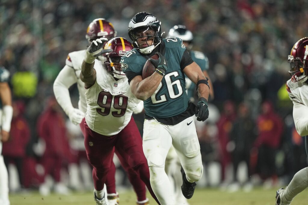 Commanders Eagles Football Philadelphia Eagles running back Saquon Barkley