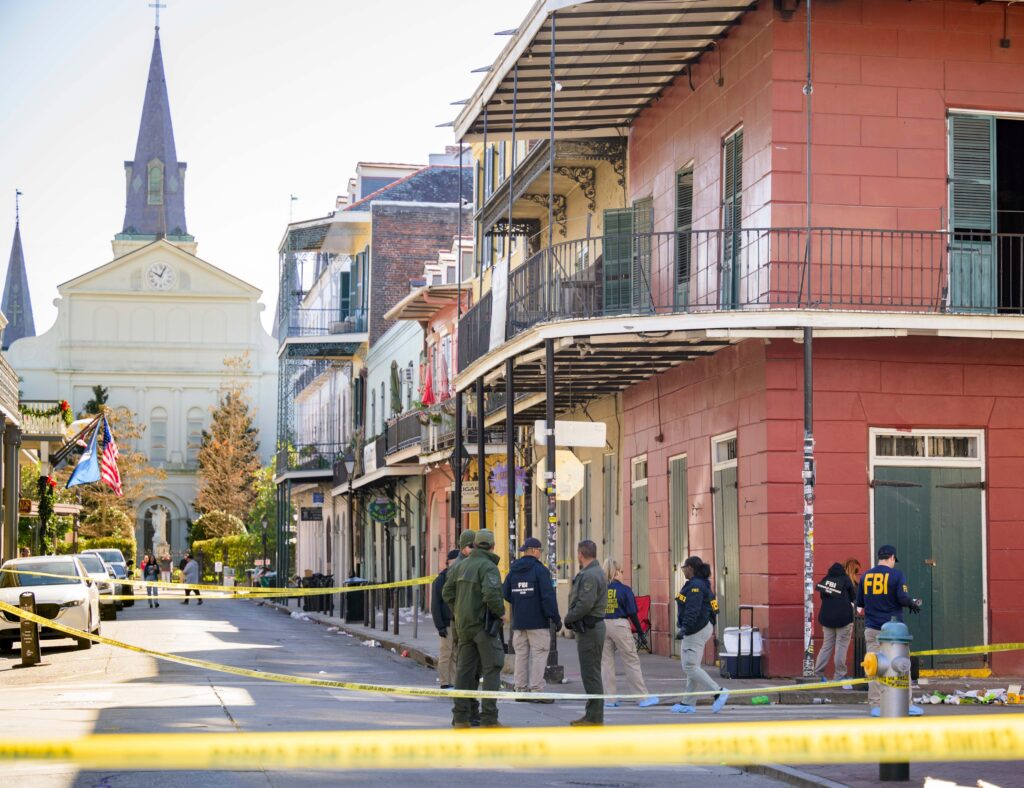new-orleans-terror-attack-2025 Members of the FBI work on Orleans Street and Bourbon Street