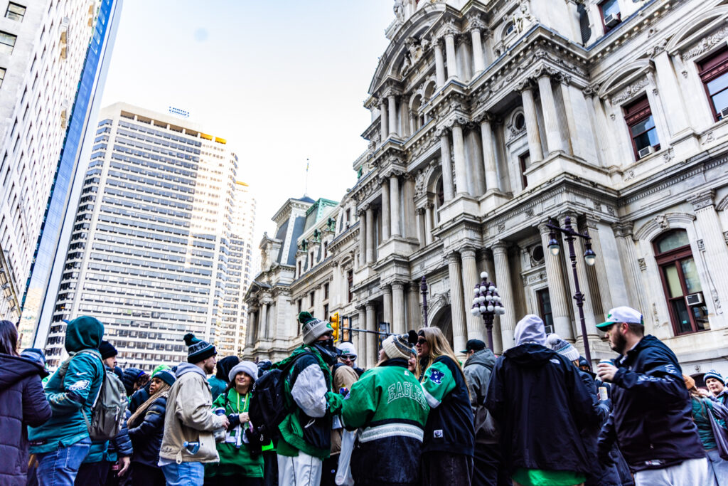 02 14 2025 k paynter Eagles parade-8 Eagles fans pack the area around City Hall in hopes of catching a glimpse of the passing parade on February 14, 2025.