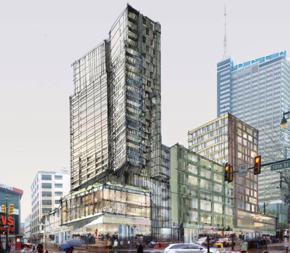 2009-Market-East-plan-4 copy Philadelphia's 2009 Market East Strategic Plan proposed a new residential/mixed-used tower at 10th and Market streets. (Philadelphia City Planning Commission)