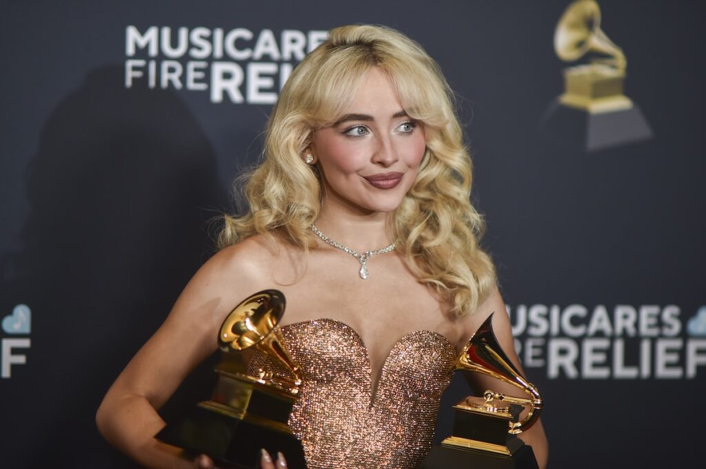 Sabrina Carpenter Sabrina Carpenter poses in the press room with the award for best pop solo performance, and best pop vocal album during the 67th annual Grammy Awards. (Photo by Richard Shotwell/Invision/AP)