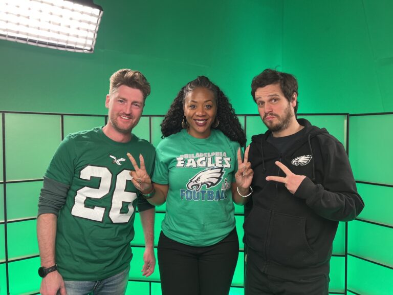 Left to right: Executive Producer Kevin McCorry with Studio 2 hosts Cherri Gregg and Avi Wolfman-Arent. (Photo: Andreas Copes, WHYY)