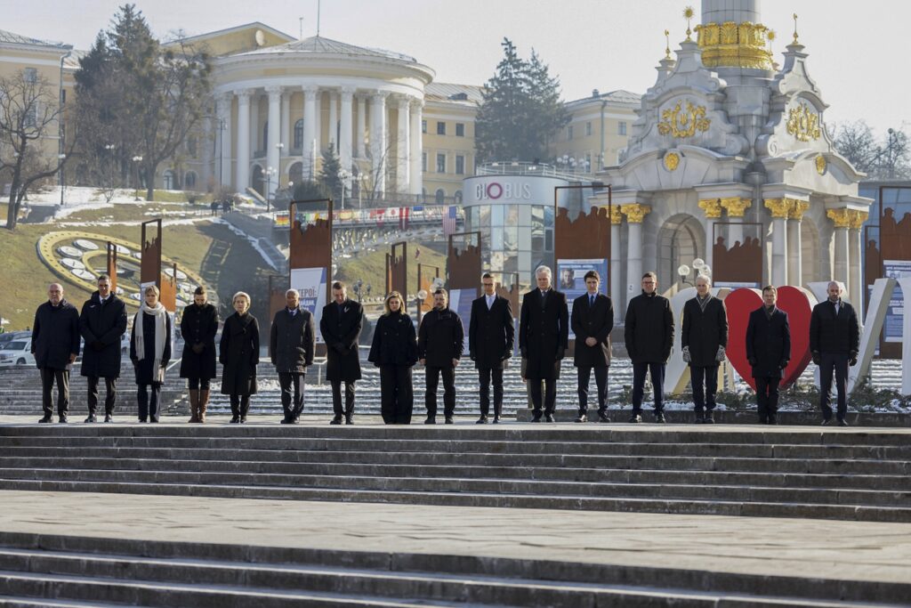European leaders standing in a row outdoors in Kyiv showing solidarity with Ukraine