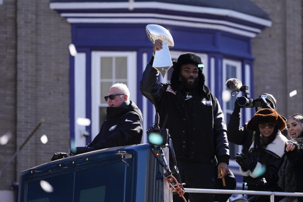 Super Bowl Eagles Parade Football Brandon Graham holds up the trophy