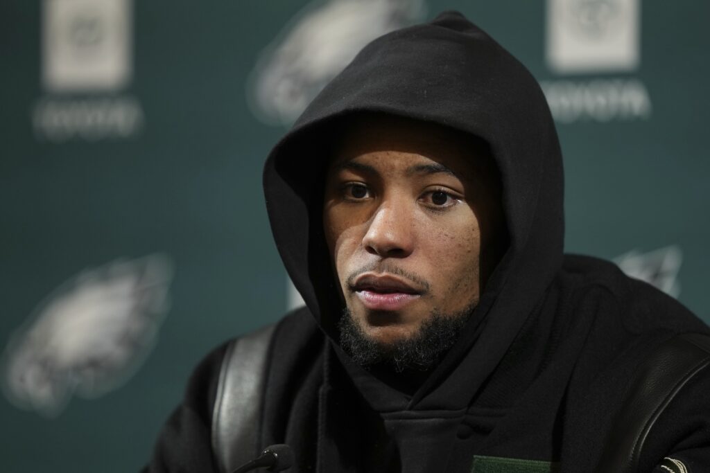 Saquon Barkley speaking during a press conference