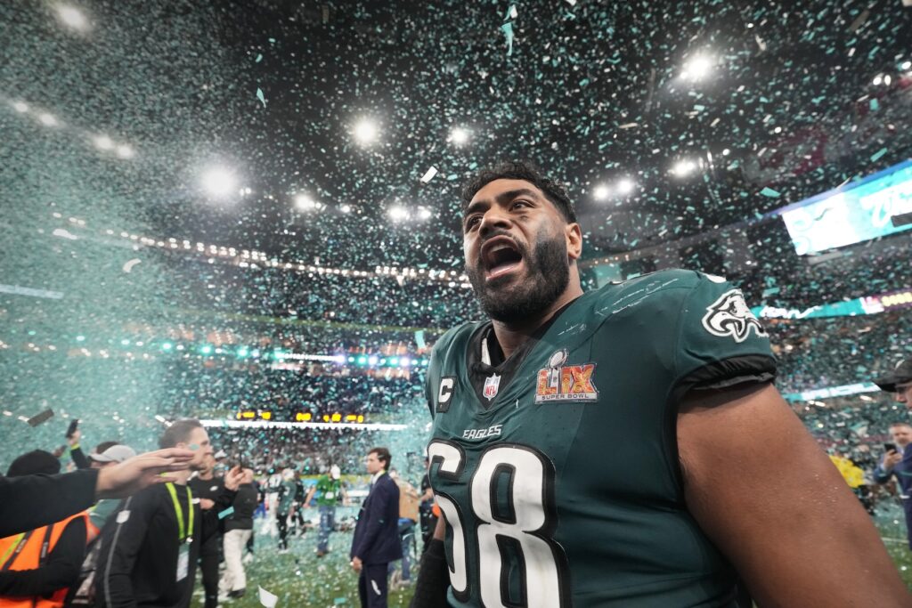 APTOPIX Super Bowl Football Jordan Mailata celebrating on the field