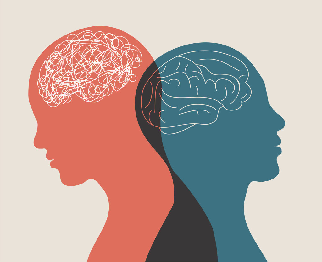 Metaphor Bipolar Disorder Mind Mental. Double Face. Split Person Metaphor bipolar disorder mind mental. Double face. Split personality. Concept mood disorder. 2 Head silhouette.Psychology. Mental health. Dual personality concept. Tangle and untangle