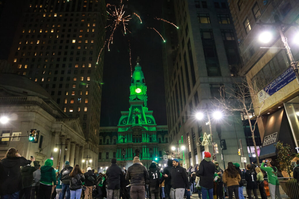 city-hall-philadelphia-super-bowl-2025-02-09-1 City Hall with fans and fireworks
