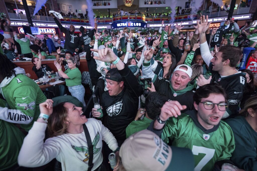 Chiefs Eagles Super Bowl Football Philadelphia Eagles fans react to the Eagles first touchdown at the watch party for NFL football's Super Bowl 59 game against the Kansas City Chiefs, Sunday, Feb. 9, 2025, at Xfinity Live! Philadelphia. in Philadelphia.