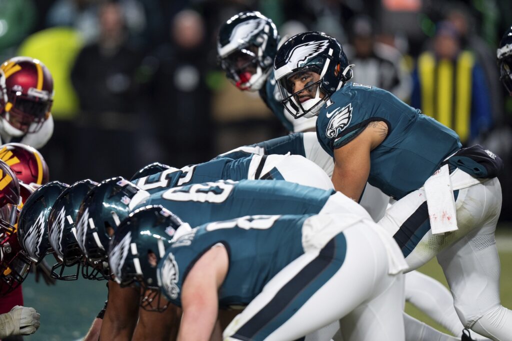 Jalen Hurts in a Tush Push formation Philadelphia Eagles quarterback Jalen Hurts is seen just before a tush push, or brotherly shove