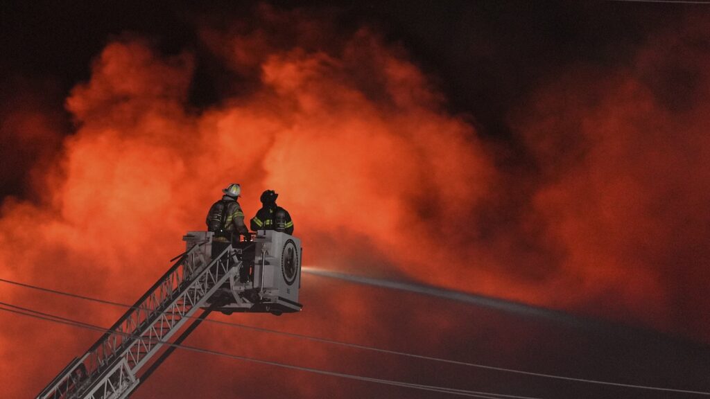 Pennsylvania Fire Firefighters battle a blaze at SPS Technologies in Jenkintown, Pa., Monday, Feb. 17, 2025.