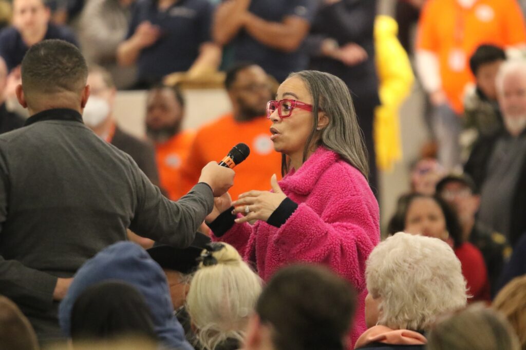 northeast-philly-plane-crash-town-hall-CS-020525 A town hall attendee asks a question following the deadly medical jet crash in Philadelphia.