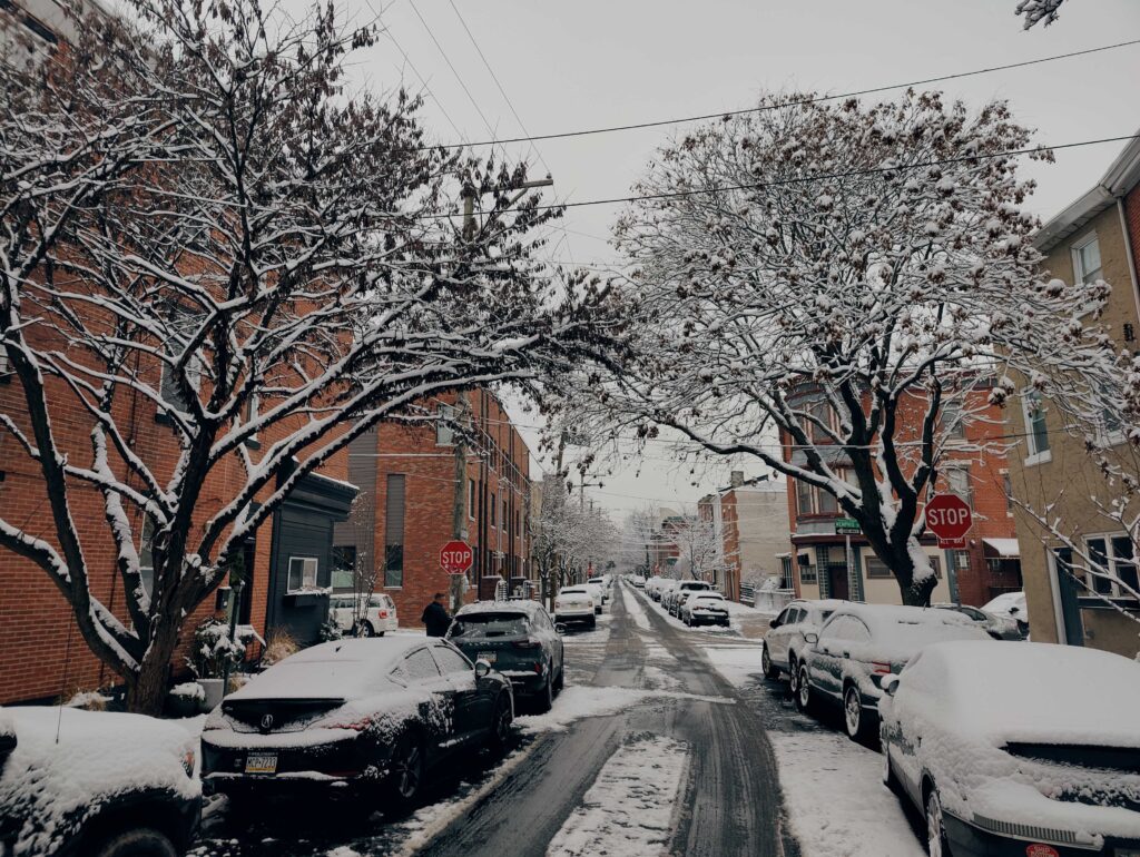 philadelphia-snow-fishtown-PC-021225 Fishtown streets are covered in snow after a brief system overnight.