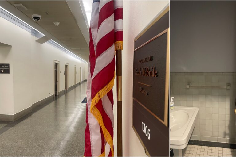 a collage of the hallway outside McBride's suite and McBride's suite bathroom