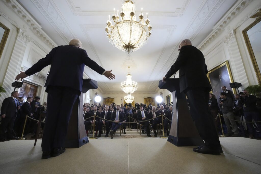 Donald TrumpBenjamin Netanyahu Trump and Netanyahu speaking at a press conference taken from behind them facing the audience
