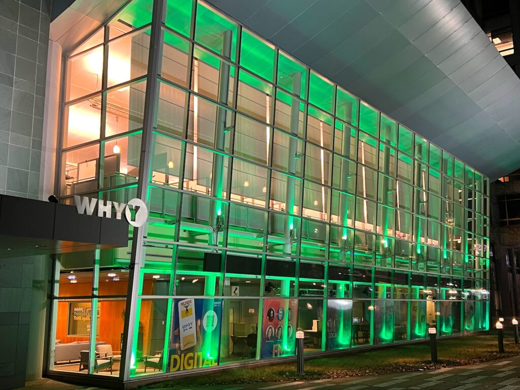 whyy-headquarters-philadelphia-eagles-super-bowl-020625 WHYY headquarters on North 6th Street in Philadelphia is lit up green in support of the Philadelphia Eagles ahead of the Super Bowl