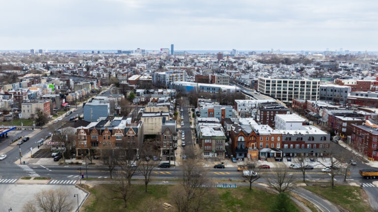 an aerial view of housing in North Philadelphia