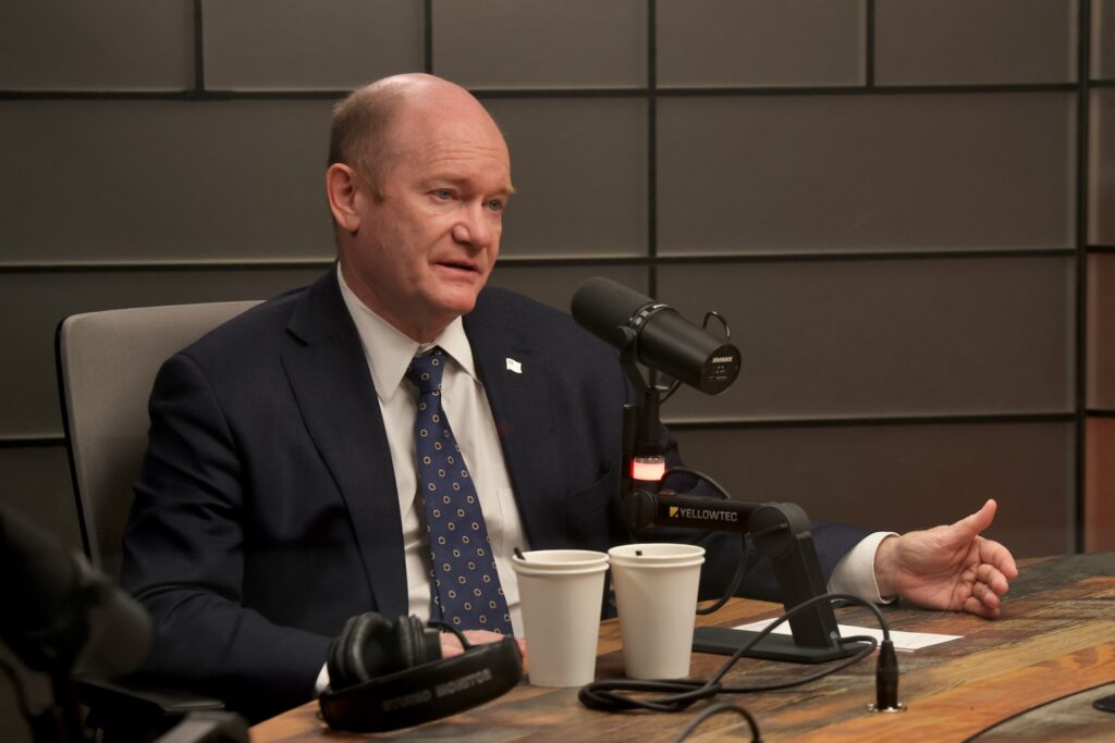 2025 03 21-e lee-chris coons-philadelphia whyy-us sen chris coons from delaware in studio3 U.S. Sen. Chris Coons from Delaware talks with WHYY reporters in Studio 2