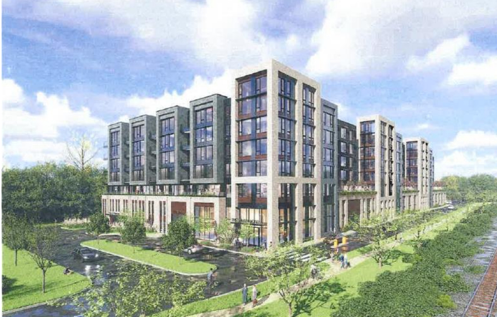A rendering of a mixed-use development next to the Conshohocken regional rail station