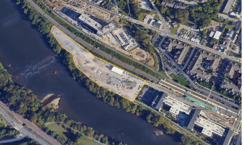 An aerial view of where the new apartment complex and smaller parking garage is planned to be in Conshohocken.