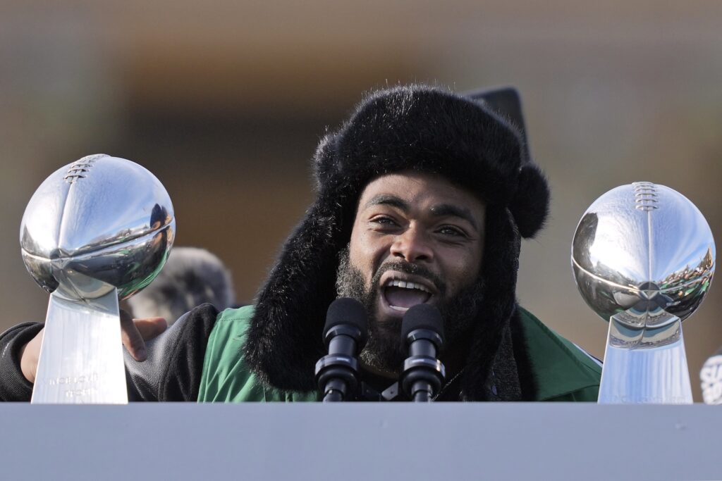 Eagles Graham Retires Brandon Graham speaking during the post-parade celebration