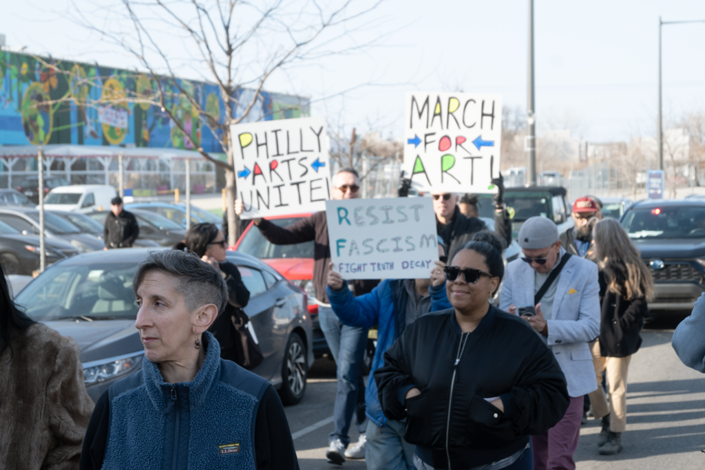 March-for-Art-Philadelphia-2025-1 People who work in the Philadelphia culture sector marching with signs reading PHILLY ARTISTS UNITE!, MARCH FOR ART! and RESIST FASCISM FIGHT TRUTH DECAY