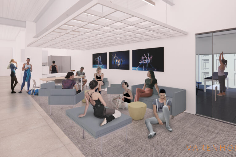 A rendering showing a lounge space with people relaxing