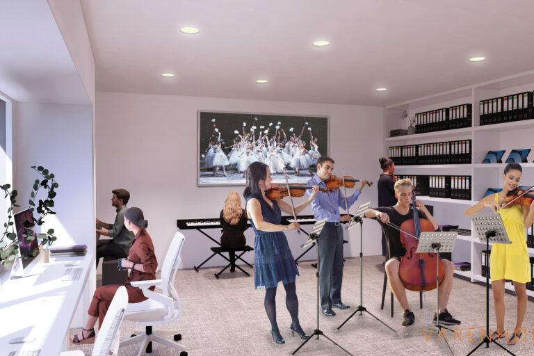 A rendering of a room with various musicians playing