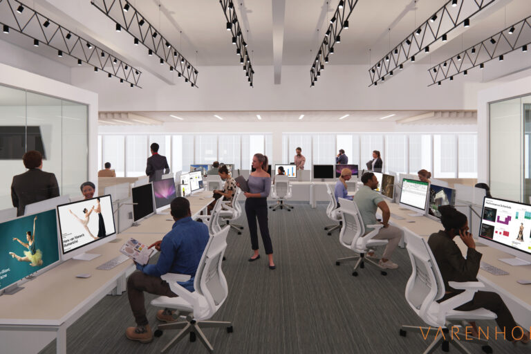 A rendering of a modern office space