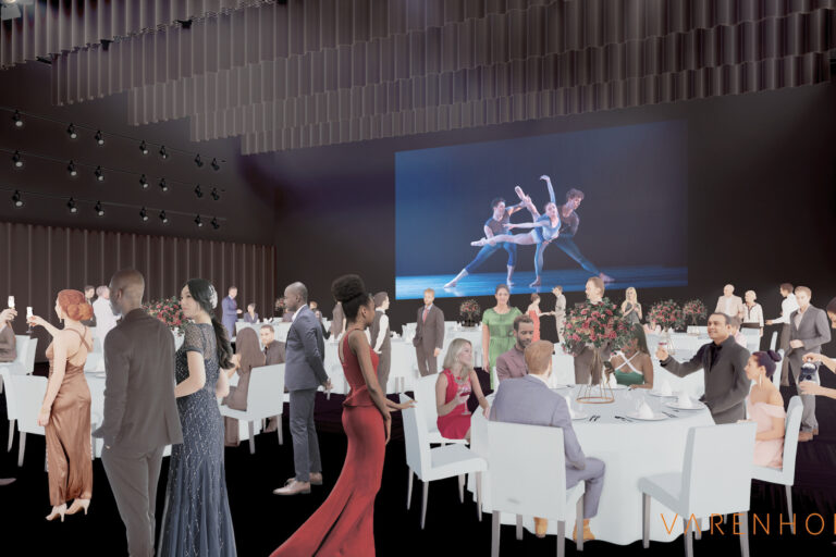 A rendering of a banquet space
