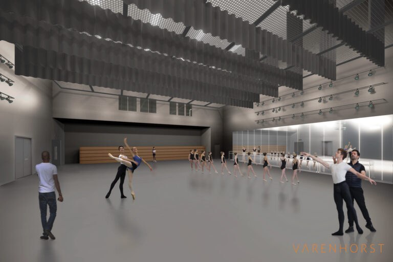 A rendering of a ballet studio with various people dancing