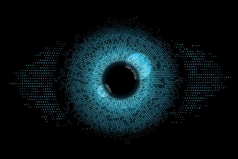 Digital eye, data network and cyber security technology, vector background. Futuristic tech of virtual cyberspace and internet secure surveillance, binary code digital eye or safety scanner