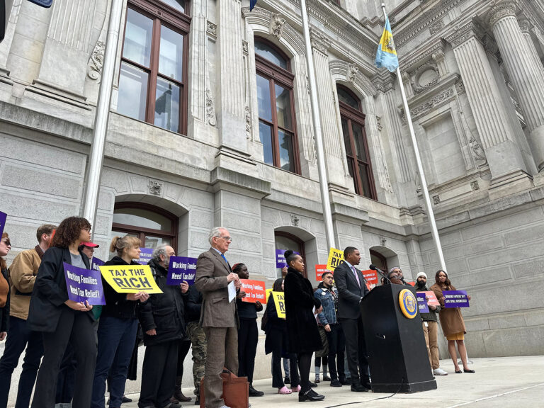 Working Families party members and Philadelphia City Councilmembers Kendra Brooks and Nicolas O’Rourke introduce an alternative business tax plan.