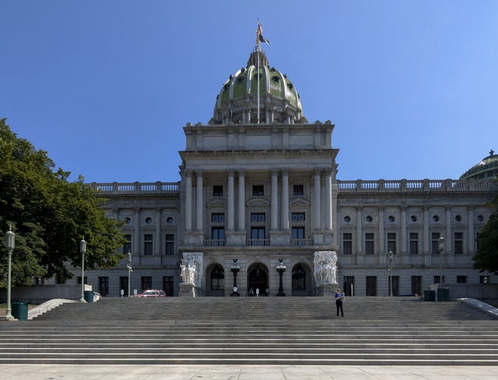 The Harrisburg Capitol building on Sept. 5, 2024. (Jeremy Long – WITF) Exterior of the Capitol building